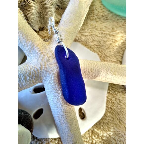 Seaglass Cobalt Blue Necklace Handmade Sterling Silver Sea Glass Beach - Picture 3 of 10
